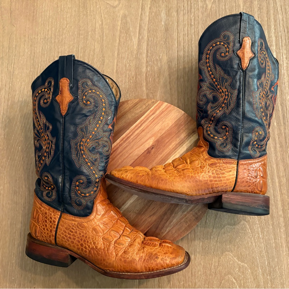 Ferrini Mens Crocodile Print Leather Western Boots Size 8 B Tan Navy Square Toe